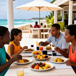Caribbean Holidays, Barbados February Holidays, A family enjoying a relaxed outdoor meal in Barbados, local dishes, colourful fruit and a welcoming island restaurant