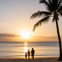 Caribbean Holidays, Barbados February Holidays, A family watching a golden sunset over the calm Caribbean Sea from a Barbados beach, soft evening light and palm silhouettes