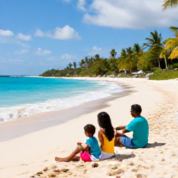 Caribbean Holidays, Barbados February Holidays, A happy family relaxing on a bright sandy beach in Barbados in February, turquoise sea, palm trees and gentle sunshine