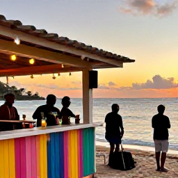 Caribbean Holidays, Barbados February Holidays, Colourful Barbados beach bar beside the sea at sunset, with visitors enjoying rum cocktails and live music