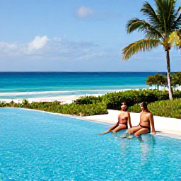 Caribbean Holidays, Barbados February Holidays, Couple relaxing beside an infinity pool at a Barbados all-inclusive resort, tropical gardens, ocean view and February sunshine