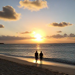 Caribbean Holidays, Barbados February Holidays, Romantic Barbados sunset over the Caribbean Sea, couple walking along a sandy beach near an all-inclusive resort