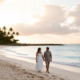 Caribbean Holidays, Barbados February Honeymoons, A newlywed couple walking along a quiet Barbados beach at sunrise, soft golden light, turquoise sea and palm trees