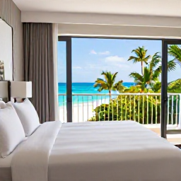 Caribbean Holidays, Barbados February Honeymoons, Elegant Barbados honeymoon hotel room with white linens, balcony, tropical greenery and a view of the Caribbean Sea