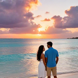 Caribbean Holidays, Barbados February Honeymoons, Happy newlywed couple enjoying a colourful Barbados sunset beside calm turquoise water