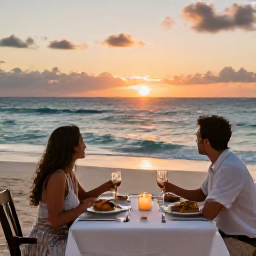 Caribbean Holidays, Barbados February Honeymoons, Romantic beachfront dinner in Barbados with candles, local dishes and a couple watching the sunset over the Caribbean Sea