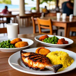 Caribbean Holidays, Barbados February, Outdoor table of Bajan food in Bridgetown, including grilled fish, fish cakes, rice and peas, with a relaxed Caribbean restaurant setting