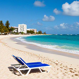 Caribbean Holidays, Barbados February, Relaxed Caribbean beach near Bridgetown with golden sand, turquoise water, sun loungers and gentle February waves