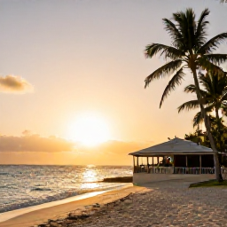 Caribbean Holidays, Barbados February Tours, Relaxed Barbados beach at sunset in February with golden light, calm sea, palm trees and a small beachfront restaurant