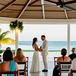 Caribbean Holidays, Barbados February Weddings, Bride and groom sharing a relaxed wedding celebration at a Barbados beachfront restaurant with guests and tropical decorations