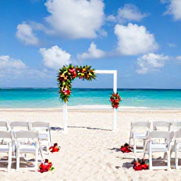 Caribbean Holidays, Barbados February Weddings, Elegant Barbados wedding ceremony on a sandy beach with white chairs, tropical flowers and turquoise water