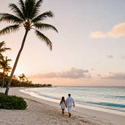 Caribbean Holidays, Barbados February Weddings, Newlyweds walking along a quiet Barbados beach at sunset, with palm trees and calm turquoise sea