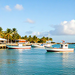 Caribbean Holidays, Barbados Fishing, A bright February morning at a Barbados fishing harbour, colourful boats on calm turquoise water and palm trees along the coast