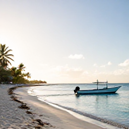 Caribbean Holidays, Barbados Fishing, A bright February morning on a Barbados beach, with a small fishing boat heading towards calm turquoise water and palm trees along the shore