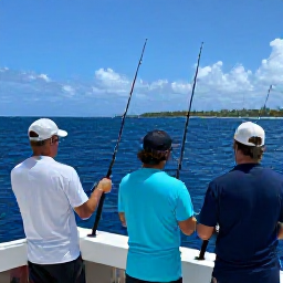 Caribbean Holidays, Barbados Fishing, A deep-sea fishing charter travelling offshore from Barbados, anglers preparing rods with the island visible in the distance