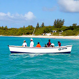 Caribbean Holidays, Barbados Fishing, A family enjoying a relaxed reef fishing trip near Barbados, with colourful coastal water, a friendly boat crew and the island visible behind them