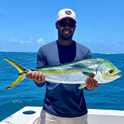 Caribbean Holidays, Barbados Fishing, A friendly Barbadian fishing crew helping holidaymakers land a colourful mahi-mahi on a boat, sparkling Caribbean sea and blue sky