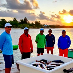 Caribbean Holidays, Barbados Fishing, A friendly Barbados fishing crew returning to a colourful harbour at sunset, with fresh catch and smiling holidaymakers