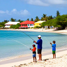 Caribbean Holidays, Barbados Fishing, A friendly local fishing guide helping a family fish from a quiet Barbados shoreline, with colourful buildings and tropical vegetation in the background