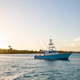 Caribbean Holidays, Barbados Fishing, A modern fishing boat heading out from a sunny Barbados harbour at dawn, with calm turquoise water and the island coastline in the background