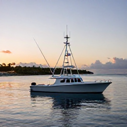 Caribbean Holidays, Barbados Fishing, A modern fishing charter boat leaving Bridgetown harbour at sunrise, with calm Caribbean water and Barbados coastline in the background