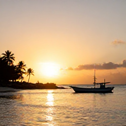Caribbean Holidays, Barbados Fishing, A peaceful Barbados coastline at sunset with a small fishing boat returning to harbour, golden light over the sea and palm trees along the shore