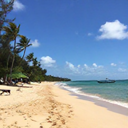 Caribbean Holidays, Barbados Fishing, A relaxed Barbados beach scene in February with golden sand, calm blue sea, palm trees and a fishing boat offshore