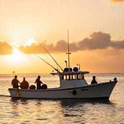Caribbean Holidays, Barbados Fishing, A relaxed Barbados harbour at sunset with a returning fishing charter boat, anglers carrying tackle and warm golden light on the water