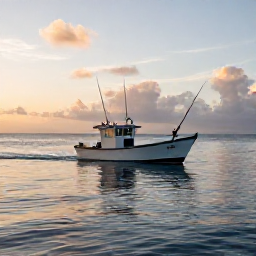 Caribbean Holidays, Barbados Fishing, A small fishing boat heading out from Barbados at sunrise, calm Caribbean water, fishing rods ready, realistic travel photography