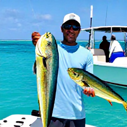 Caribbean Holidays, Barbados Fishing, Angler holding a freshly caught mahi-mahi beside a Barbados fishing boat, smiling crew, turquoise Atlantic water, natural travel photography