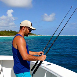 Caribbean Holidays, Barbados Fishing, Angler preparing rods on a modern charter boat with the Barbados coastline in the background