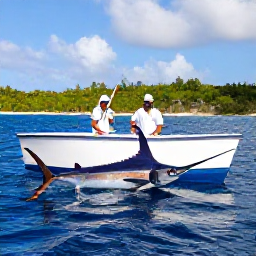 Caribbean Holidays, Barbados Fishing, Anglers aboard a charter boat in Barbados battling a powerful blue marlin in deep blue Atlantic water, with bright tropical skies