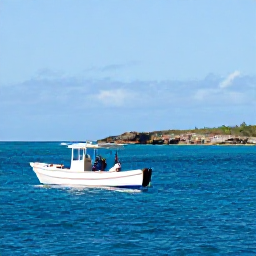 Caribbean Holidays, Barbados Fishing, Anglers fishing from a charter boat off the west coast of Barbados, bright blue sea, fishing rods and rugged island shoreline visible in the distance