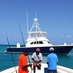Caribbean Holidays, Barbados Fishing, Anglers on a modern charter boat off the west coast of Barbados, preparing rods and tackle beneath a clear blue sky