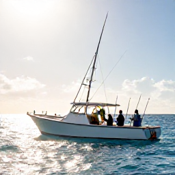 Caribbean Holidays, Barbados Fishing April, A deep-sea fishing charter boat near Barbados with anglers preparing rods as the sun shines over calm blue Caribbean water