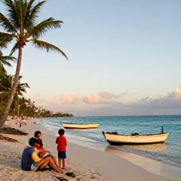 Caribbean Holidays, Barbados Fishing April, A relaxed Barbados beach scene after a fishing trip, with a family enjoying the shoreline, palm trees and warm evening light