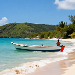 Caribbean Holidays, Barbados Fishing April, Anglers fishing from a small boat beside the sunny west coast of Barbados, with green hills and a sandy shoreline in the background