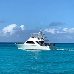 Caribbean Holidays, Barbados Fishing August, A modern charter boat carrying anglers across clear blue Atlantic water off the coast of Barbados
