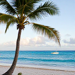 Caribbean Holidays, Barbados Fishing August, A relaxed Barbados beach with palm trees, turquoise water and a fishing boat offshore in the afternoon