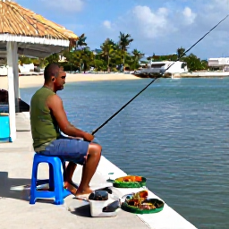 Caribbean Holidays, Barbados Fishing August, Friendly local fishermen preparing rods and fresh bait on a shaded Barbados harbour quay