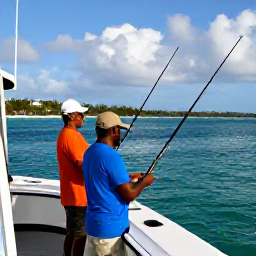 Caribbean Holidays, Barbados Fishing, Friendly Barbados fishing crew helping holidaymakers prepare rods on a charter boat, bright tropical morning, realistic documentary photography
