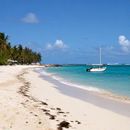 Caribbean Holidays, Barbados Fishing, Golden Barbados beach beside clear blue sea with a small fishing boat offshore and palm trees