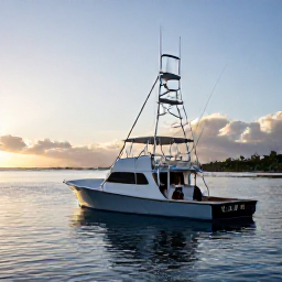Caribbean Holidays, Barbados Fishing January, A sport-fishing boat heading out from a sunny Barbados harbour at dawn, calm blue Caribbean water and anglers preparing their tackle