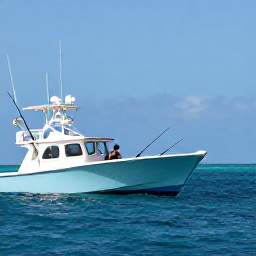 Caribbean Holidays, Barbados Fishing January, Anglers trolling from a modern charter boat off the west coast of Barbados, with fishing rods, bright lures and a clear blue horizon