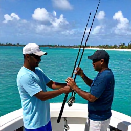 Caribbean Holidays, Barbados Fishing January, Friendly Barbados fishing crew helping holidaymakers prepare rods and reels on a charter boat, tropical coastline visible in the background