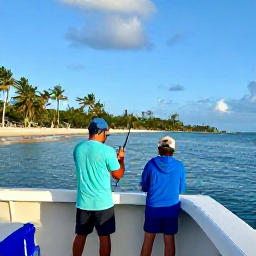 Caribbean Holidays, Barbados Fishing January, Relaxed anglers enjoying a Barbados fishing trip in bright morning sunshine, calm sea, tropical shoreline and a welcoming Caribbean atmosphere