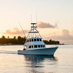 Caribbean Holidays, Barbados Fishing June, A sport-fishing boat leaving a calm Bridgetown harbour at sunrise, Barbados coastline in the background