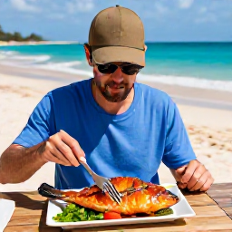 Caribbean Holidays, Barbados Fishing June, Traveller enjoying a freshly prepared fish lunch beside a sunny beach in Barbados