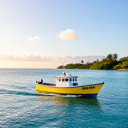 Caribbean Holidays, Barbados Fishing March, A bright Caribbean fishing boat leaving Bridgetown harbour at sunrise, calm turquoise sea and Barbados coastline in the background