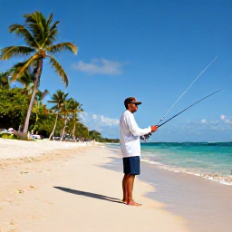 Caribbean Holidays, Barbados Fishing March, A relaxed angler standing on a Barbados beach after a fishing trip, palm trees, golden sand and clear blue water